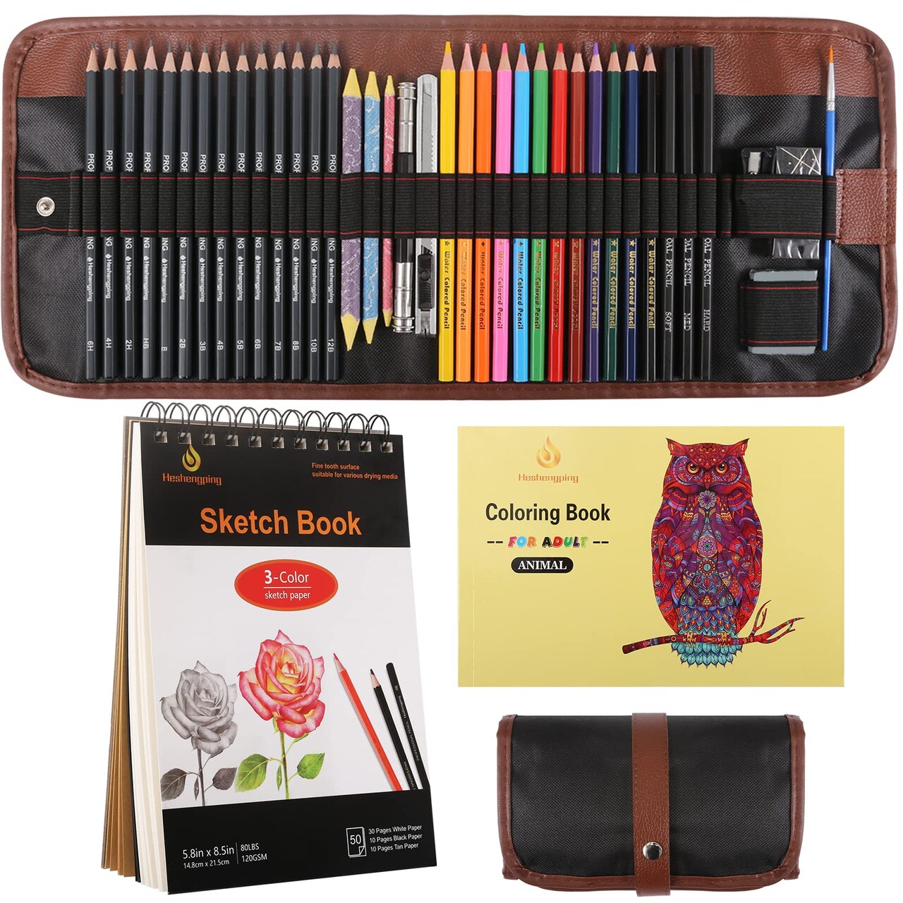 41pcs Sketching Pencil Set Drawing Sketch Kit Graphite Pencils Charcoal Pencils Watercolor Pencils Blending Stumps 50page sketchbook, coloring book, Beginners Artist Teens and Adults